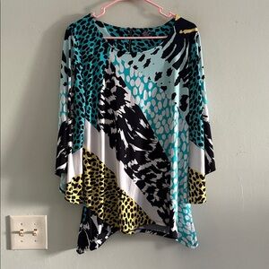 Alfani Teal, Black & Yellow Mixed Animal Print Tunic L